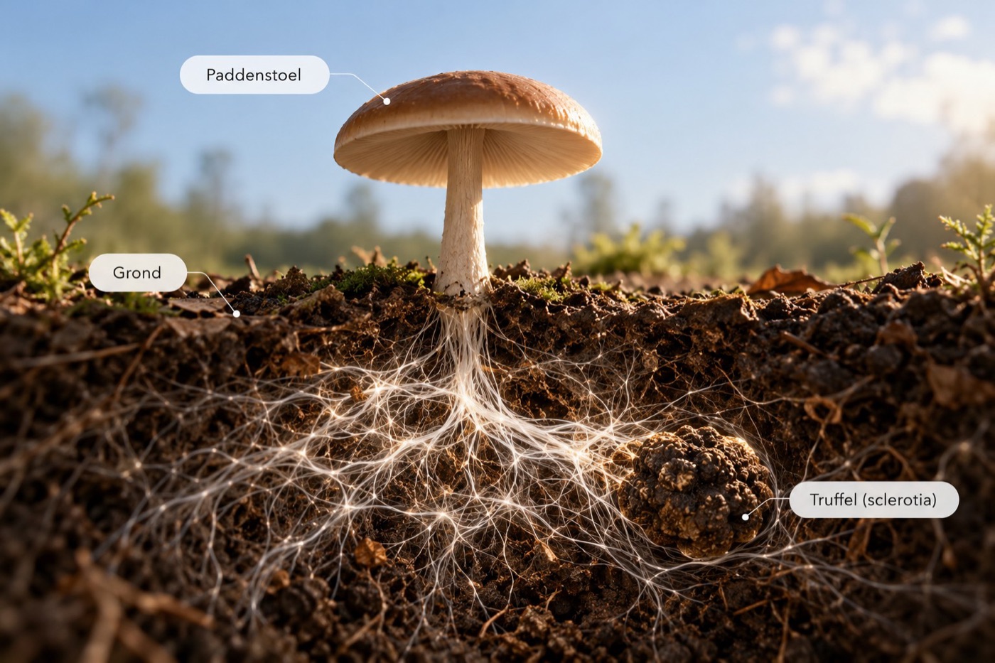 Paddenstoel boven de grond, mycelium en een truffel (sclerotia) onder de grond